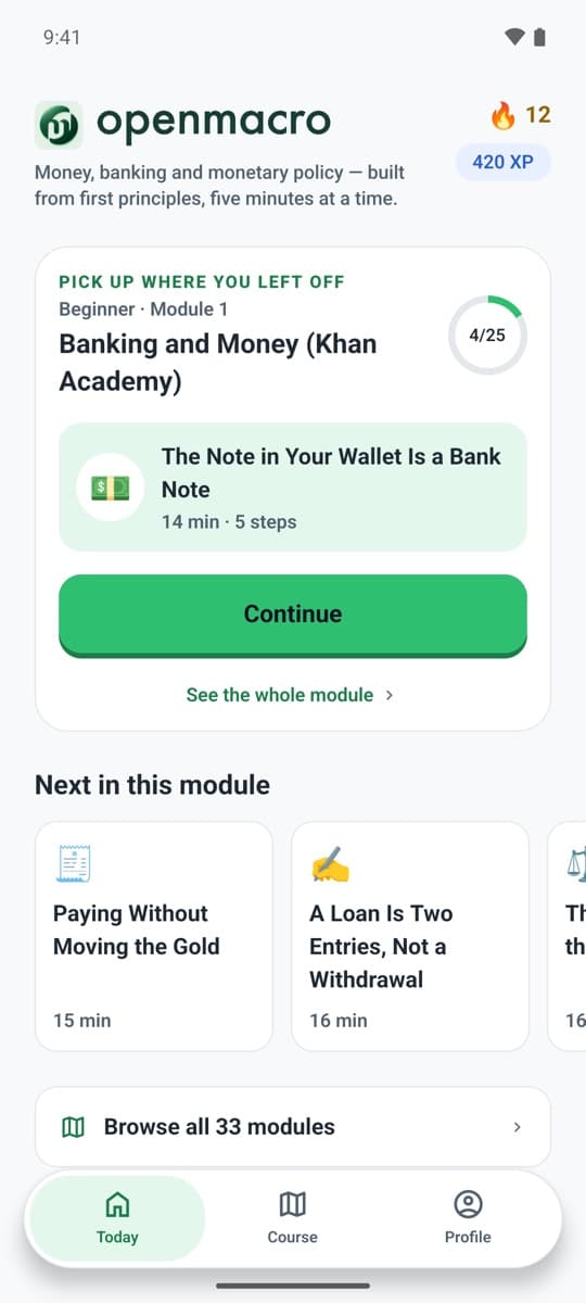The OpenMacro app’s Today screen: a 12-day streak, 420 XP and the next lesson